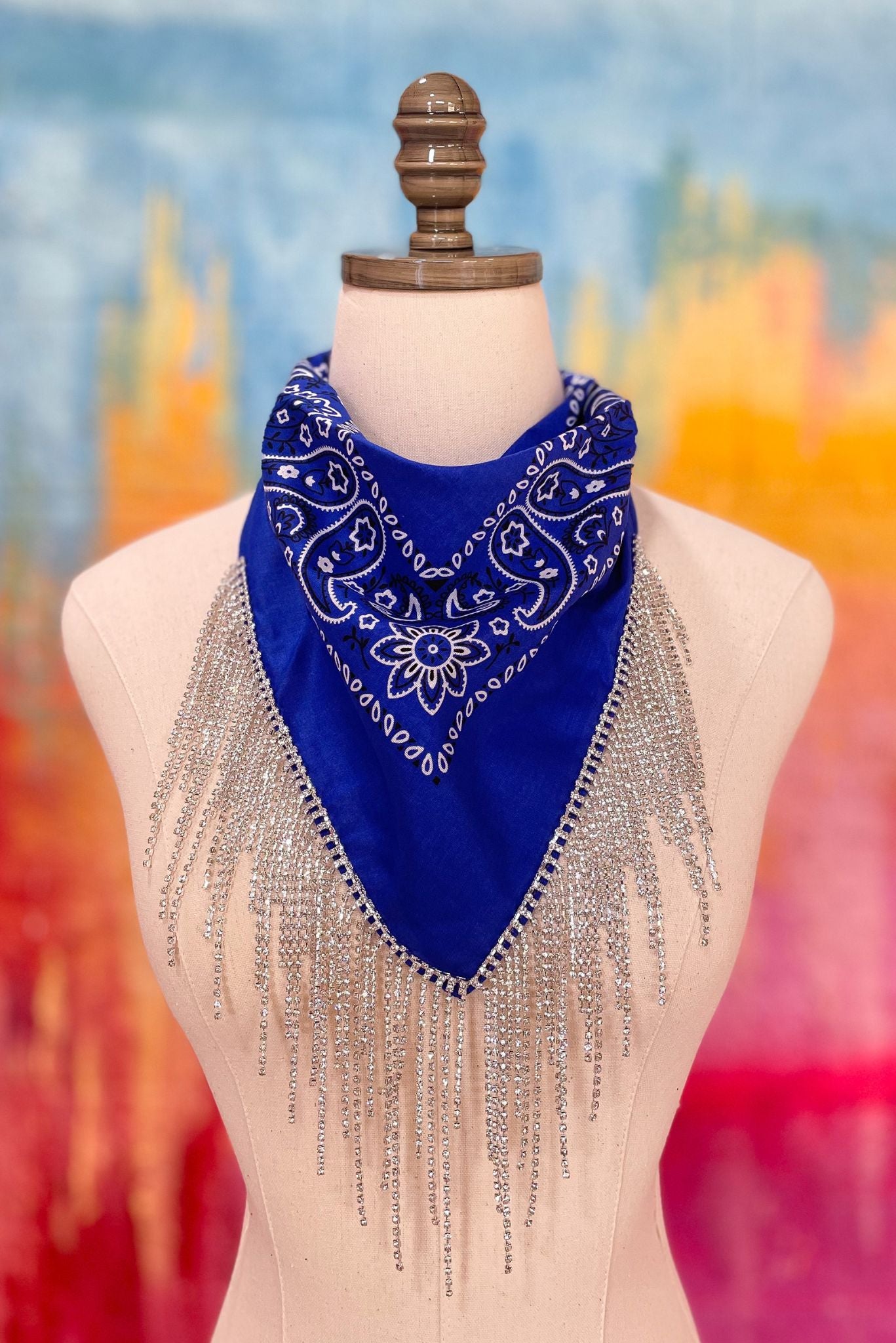 Royal Blue Rhinestone Fringe Bandana, concert ready, must have accessory, fall transition piece, mom style, updated bandana, shop style your senses by mallory fitzsimmons