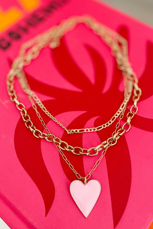 Gold Layered Chain Pink Heart Charm Necklace