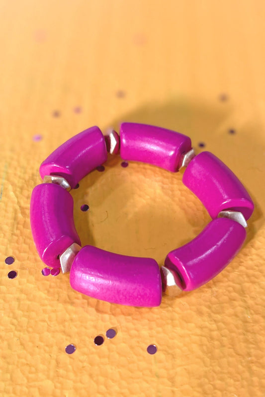 Fuchsia Wooden Link Gold Bead Bracelet