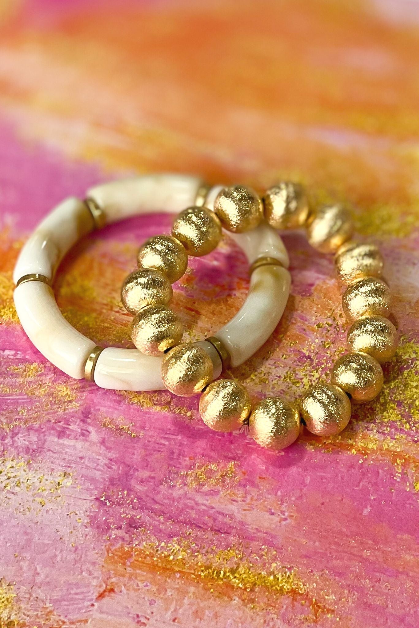 Shiny Gold Beaded Ivory Tube Bracelet Stack