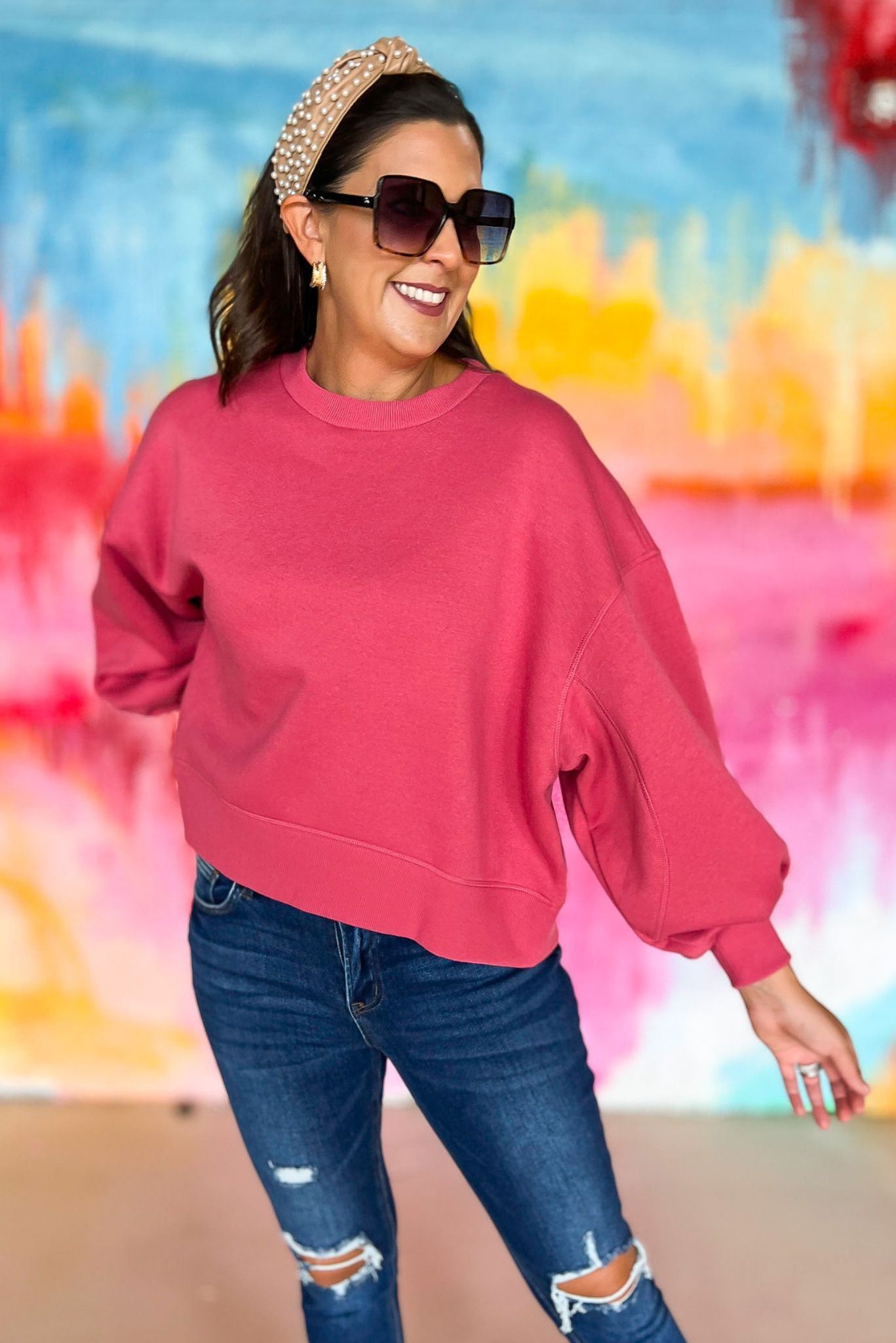  Pink Balloon Sleeve Sweatshirt, pink soft material, everyday wear, everyday sweatshirt, mom style, lounge to lunch, shop style your senses by mallory fitzsimmons