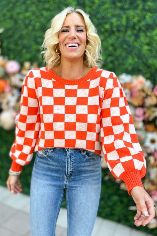 Orange Ivory Checkered Bubble Sleeve Knit Sweater, fall fashion, fall must have, sweater weather, game day, mom style, shop style your senses by mallory fitzsimmons