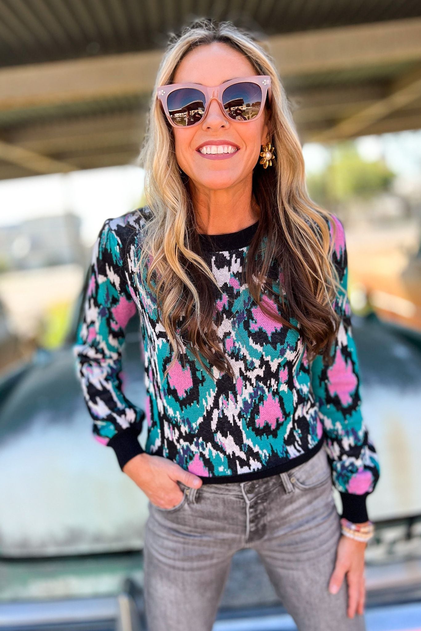 black Blue Printed Puff Sleeve Sweater, fall fashion, fall must have, mom style, elevated look, sweater weather, work wear, shop style your senses by mallory fitzsimmons