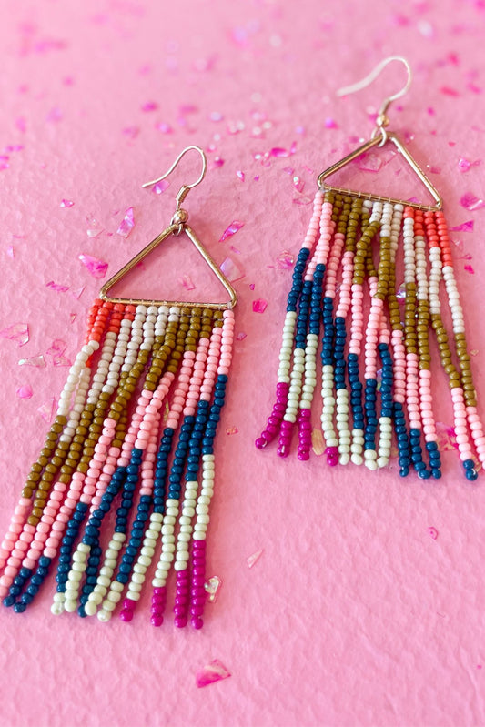 Gold Triangle With Teal, Pink, Gold Stripe Seed Bead Tassel Earrings, fall fashion, must have, elevated look, mom style, beaded detail, shop style your senses by mallory fitzsimmons