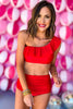 Red One Shoulder Ruffle Ruched High Waist Swimsuit, red two piece, ruffle, one shoulder, bright red, shop style your senses by mallory fitzsimmons