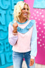 Pink Blue Colorblock Ruffle Sweater by Karlie, everyday glam, must have, mom style, chic, shop style your senses by mallory fitzsimmons