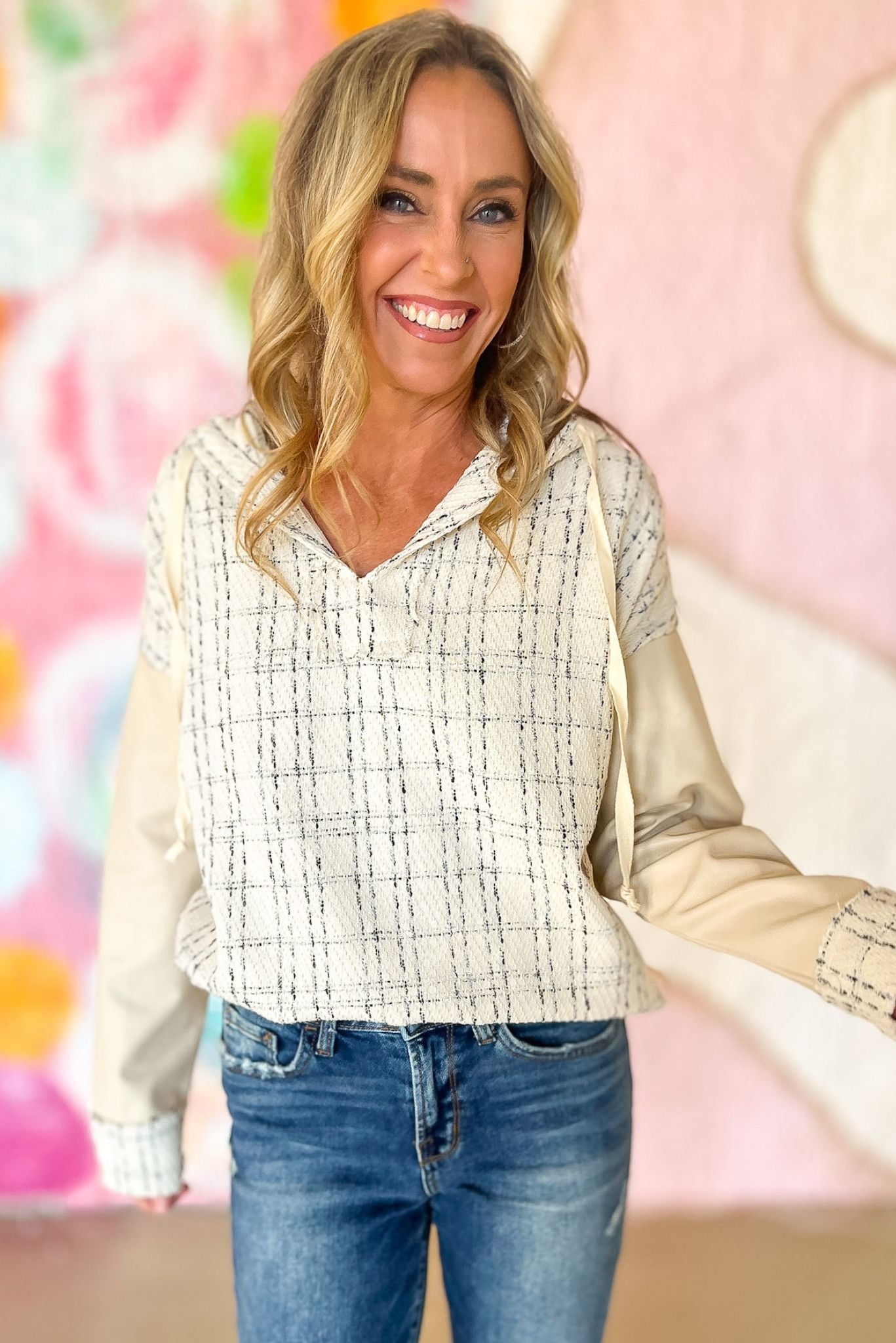 Cream Plaid Tweed Faux Leather Sleeve Hoodie Top, fall fashion, fall must have, chic, elevated look, mom style, shop style your senses by mallory fitzsimmons