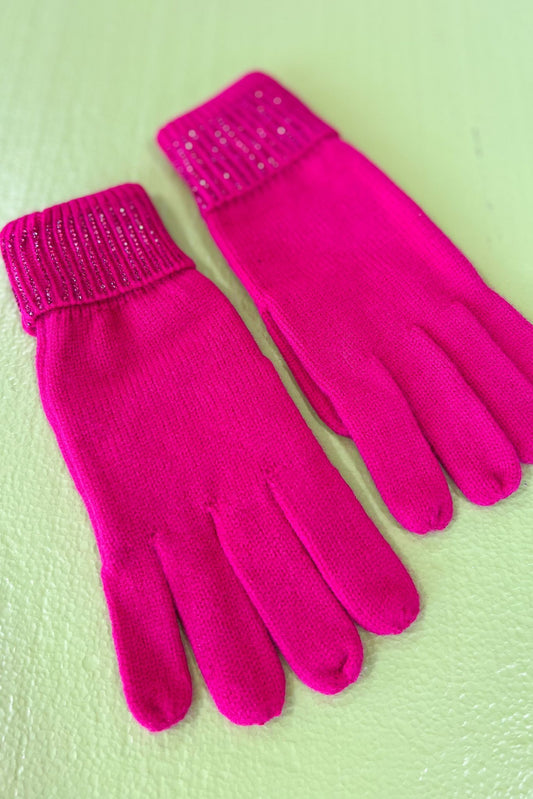 Fuchsia Ribbed Rhinestone Trim Gloves