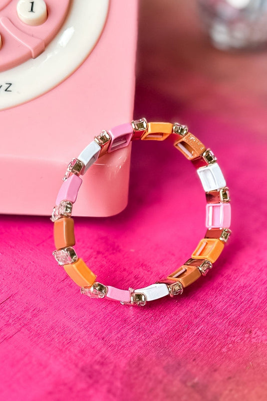 Pink Baguette Stone Colored Metal Square Stretch Bracelet