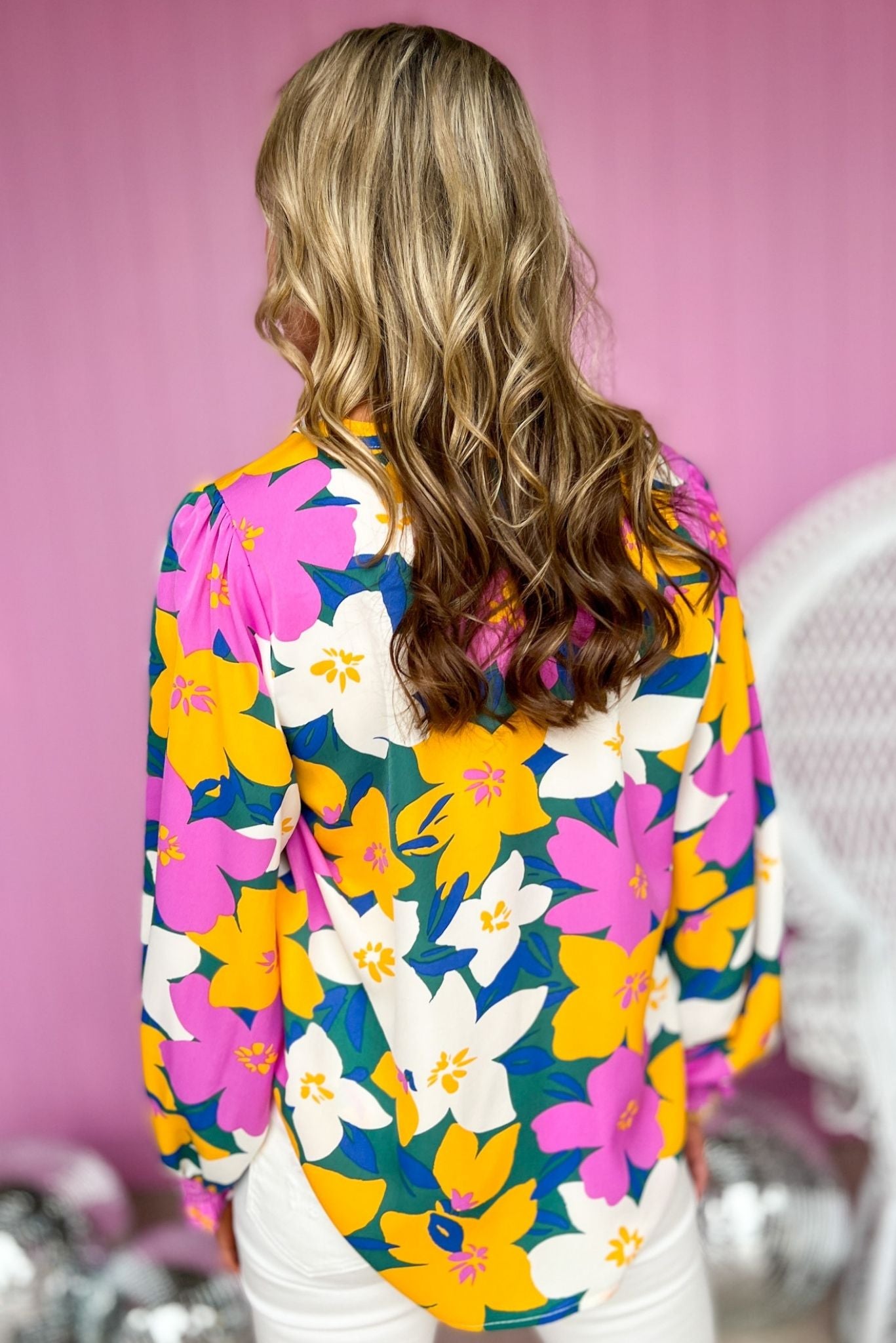 Magenta Gold Floral V Neck Long Sleeve Top. bid floral print. long sleeve. elastic around wrists. mom style. affordable fashion. spring look. Shop Style Your Senses by Mallory Fitzsimmons.