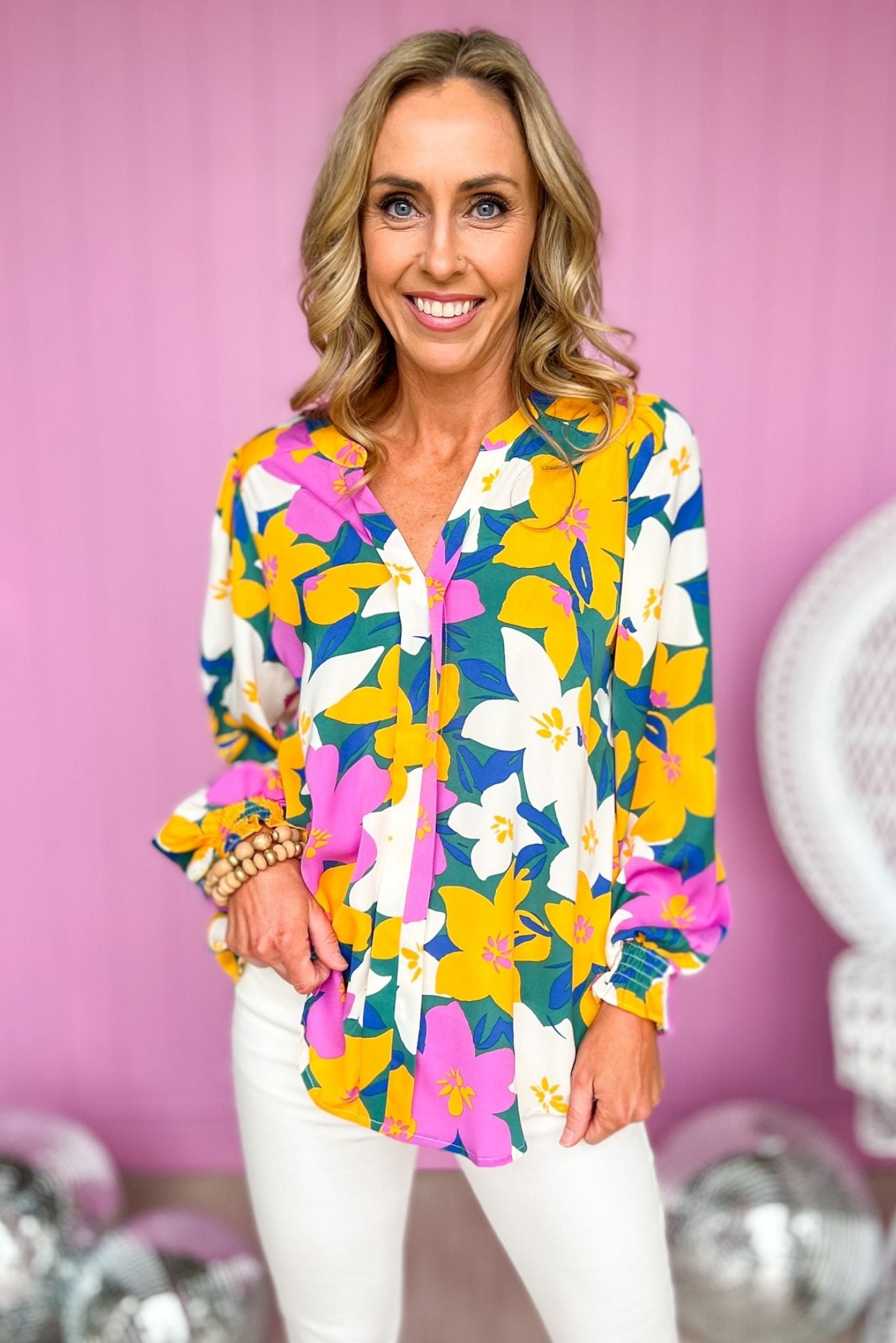 Magenta Gold Floral V Neck Long Sleeve Top, spring fashion, floral top, long sleeve, v neck , shop style your senses by mallory fitzsimmons