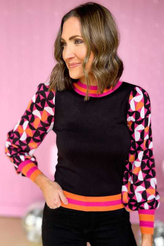 Black Hot Pink Contrast Print Sleeve Sweater, fall fashion, layered look, must have, mom style, elevated look, shop style your senses by mallory fitzsimmons