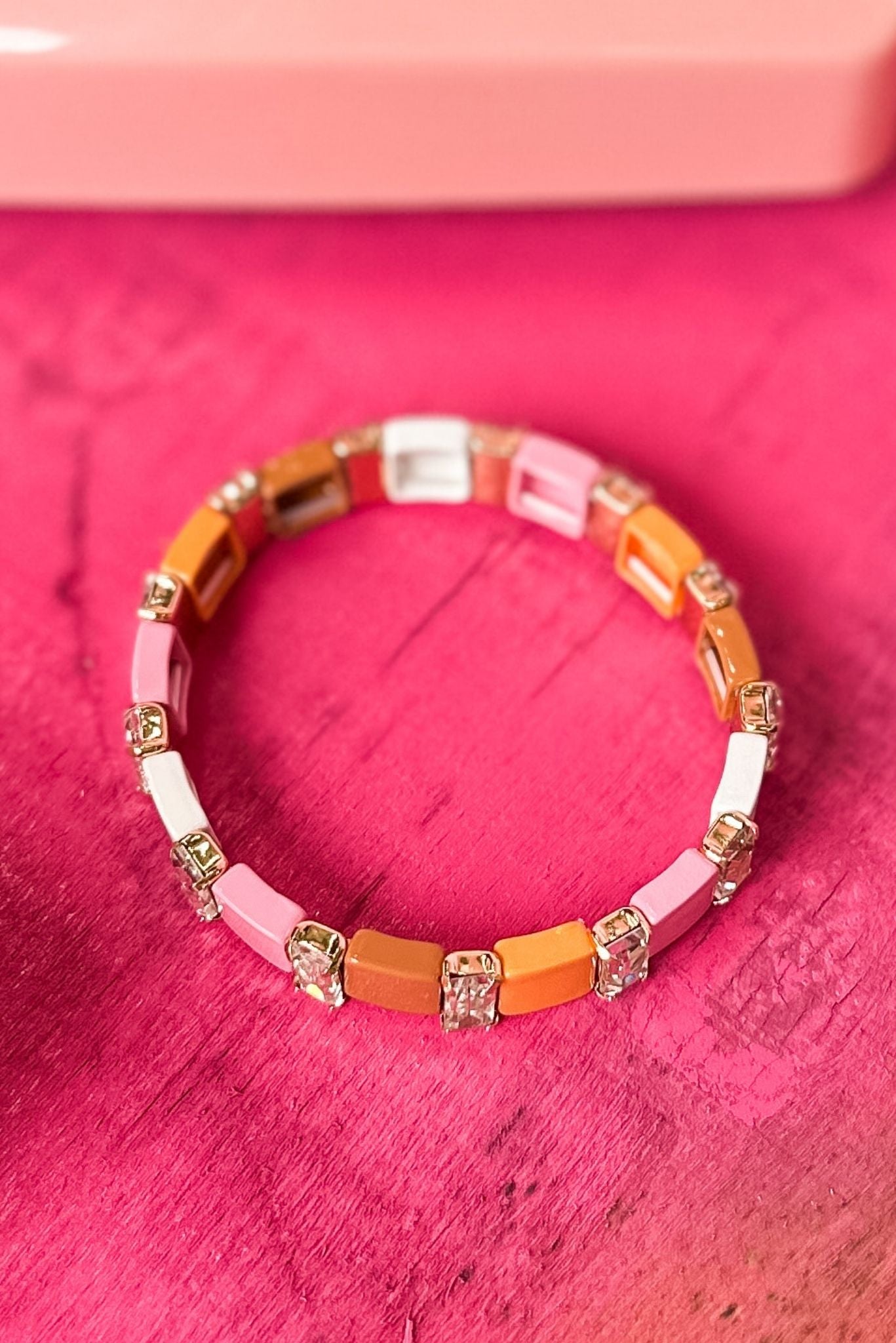 Pink Baguette Stone Colored Metal Square Stretch Bracelet