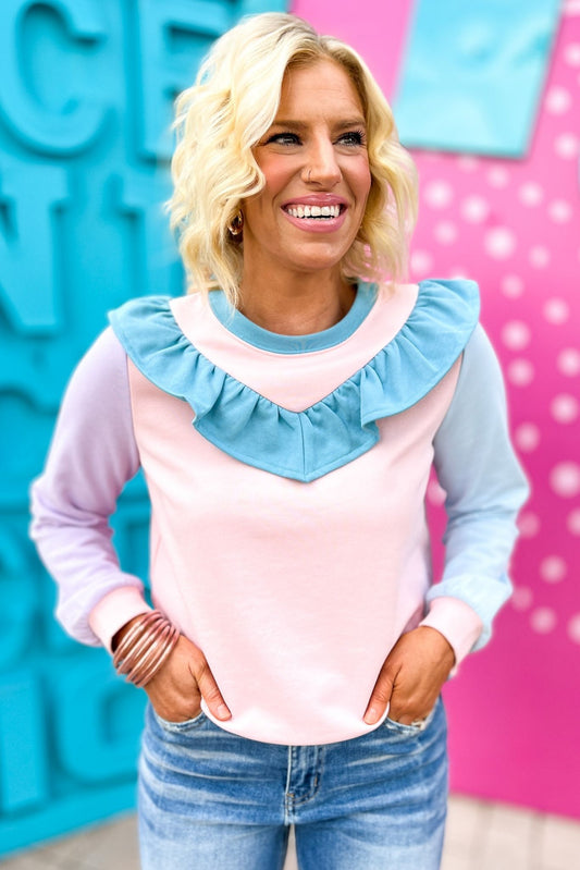 Pink Blue Colorblock Ruffle Sweater by Karlie, everyday glam, must have, mom style, chic, shop style your senses by mallory fitzsimmons