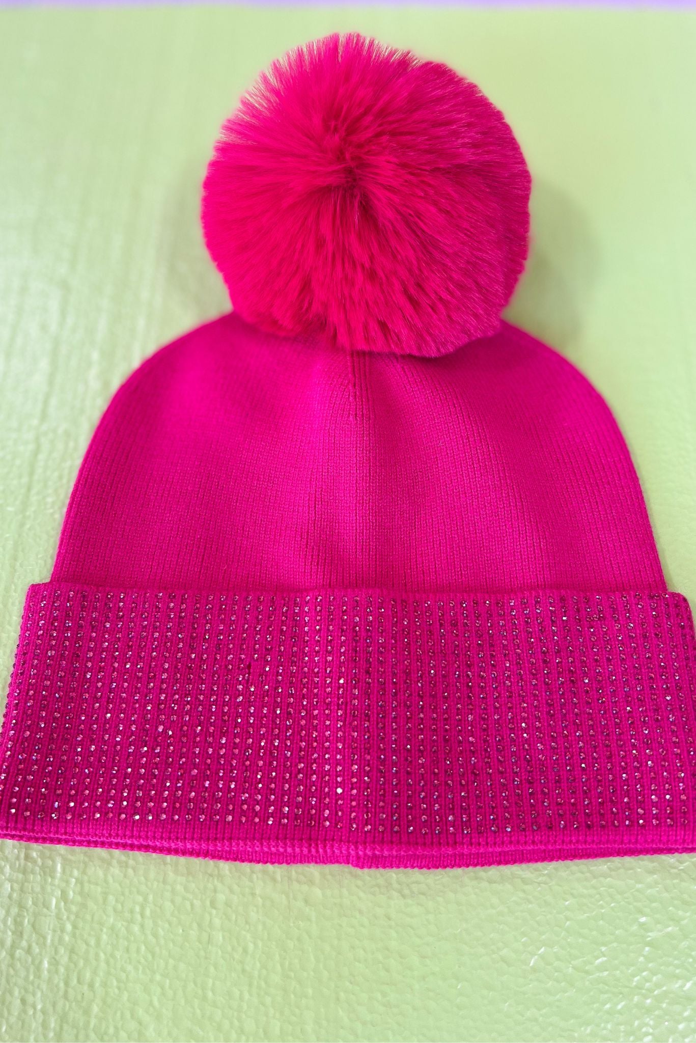 Fuchsia Ribbed Rhinestone Trim Pom Pom Beanie