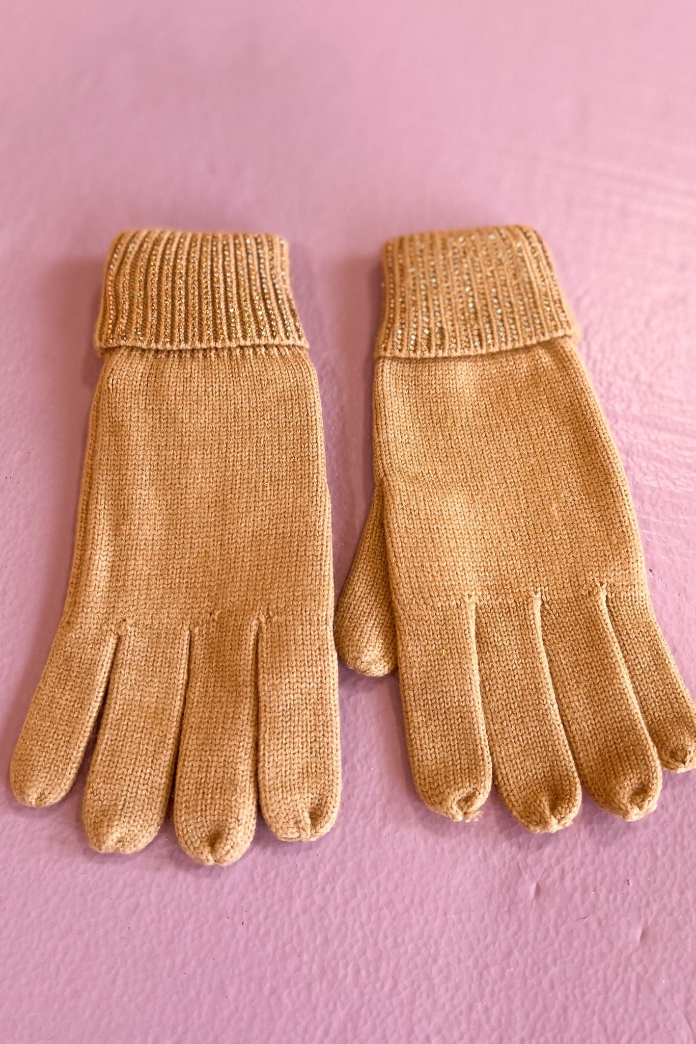 Beige Ribbed Rhinestone Trim Gloves