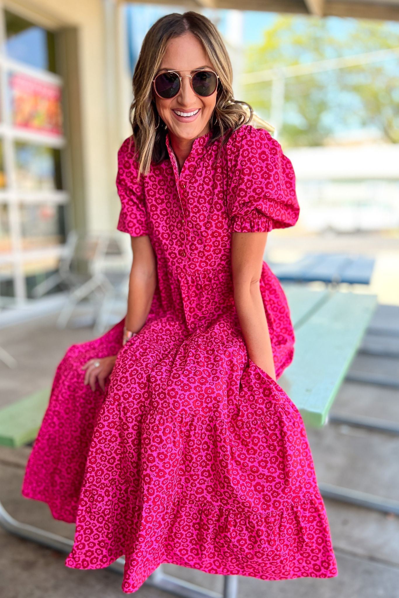 Pink Red Floral Poplin Puff Sleeve Tiered Maxi Dress by Karlie, fall fashion, fall must have, shift dress, vibrant print, mom style, shop style your senses by mallory fitzsimmons