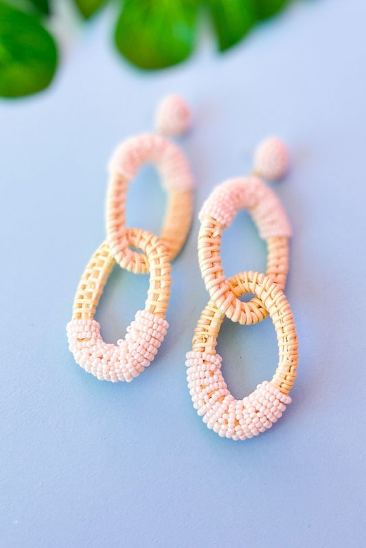  Ivory Beaded Woven Double Open Oval Link Earrings, two tone, dangle detail, elevated look, spring accessory, shop style your senses by mallory fitzsimmons