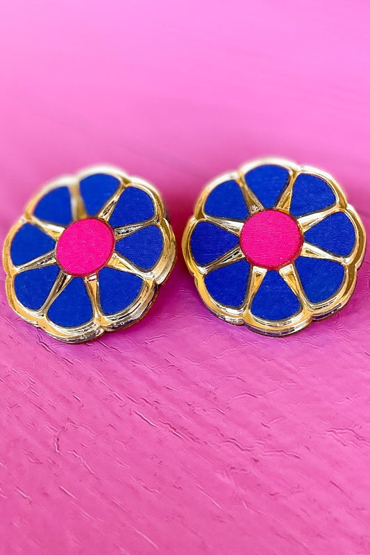 royal blue pink flower stud Earrings, fall must have, fall fashion, basic accessory, everyday wear, mom style, huggie, shop style your senses by mallory fitzsimmons