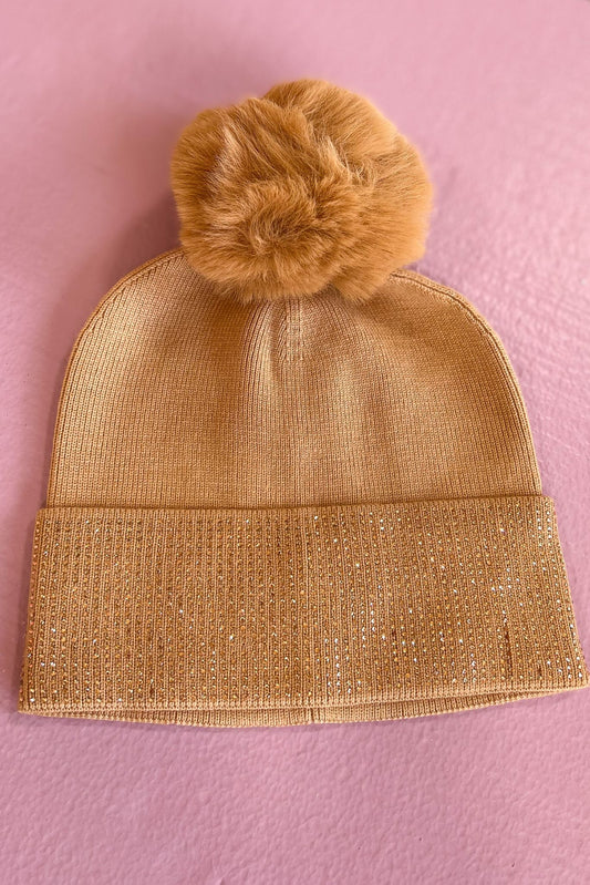 Beige Ribbed Rhinestone Trim Pom Pom Beanie