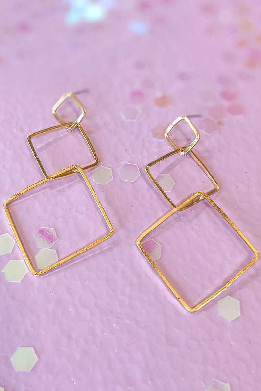 Gold Triple Open Square Link Dangle Earrings