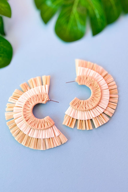 Two Tone Raffia Half Round Earrings, two tone, dangle detail, elevated look, spring accessory, shop style your senses by mallory fitzsimmons