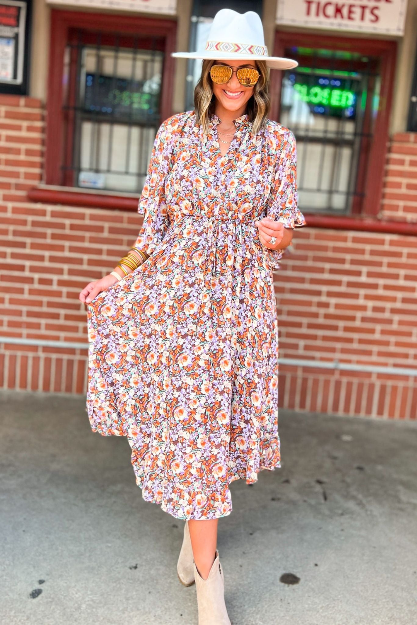 Brown Floral V Neck Flowy Sleeve Maxi Dress, fall floral maxi dress, flowy fit, flirty style, mom style, fall transition, must have, shop style your senses by mallory fitzsimmon