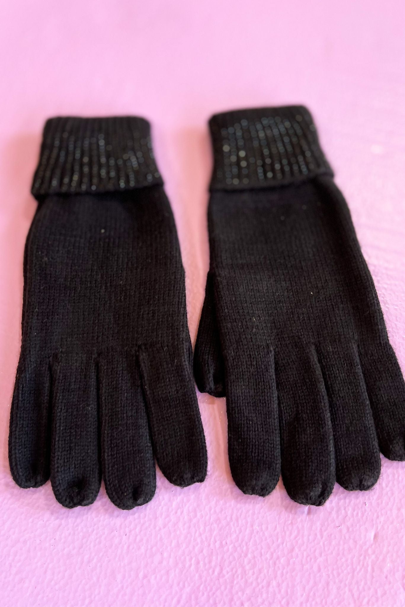 Black Ribbed Rhinestone Trim Gloves
