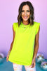 SSYS Neon Green Ruffle Shoulder Sleeveless High Low Active Tank, ruffle shoulder, split hem, active wear, gym wear, mom style, must have, shop style your senses by mallory fitzsimmons