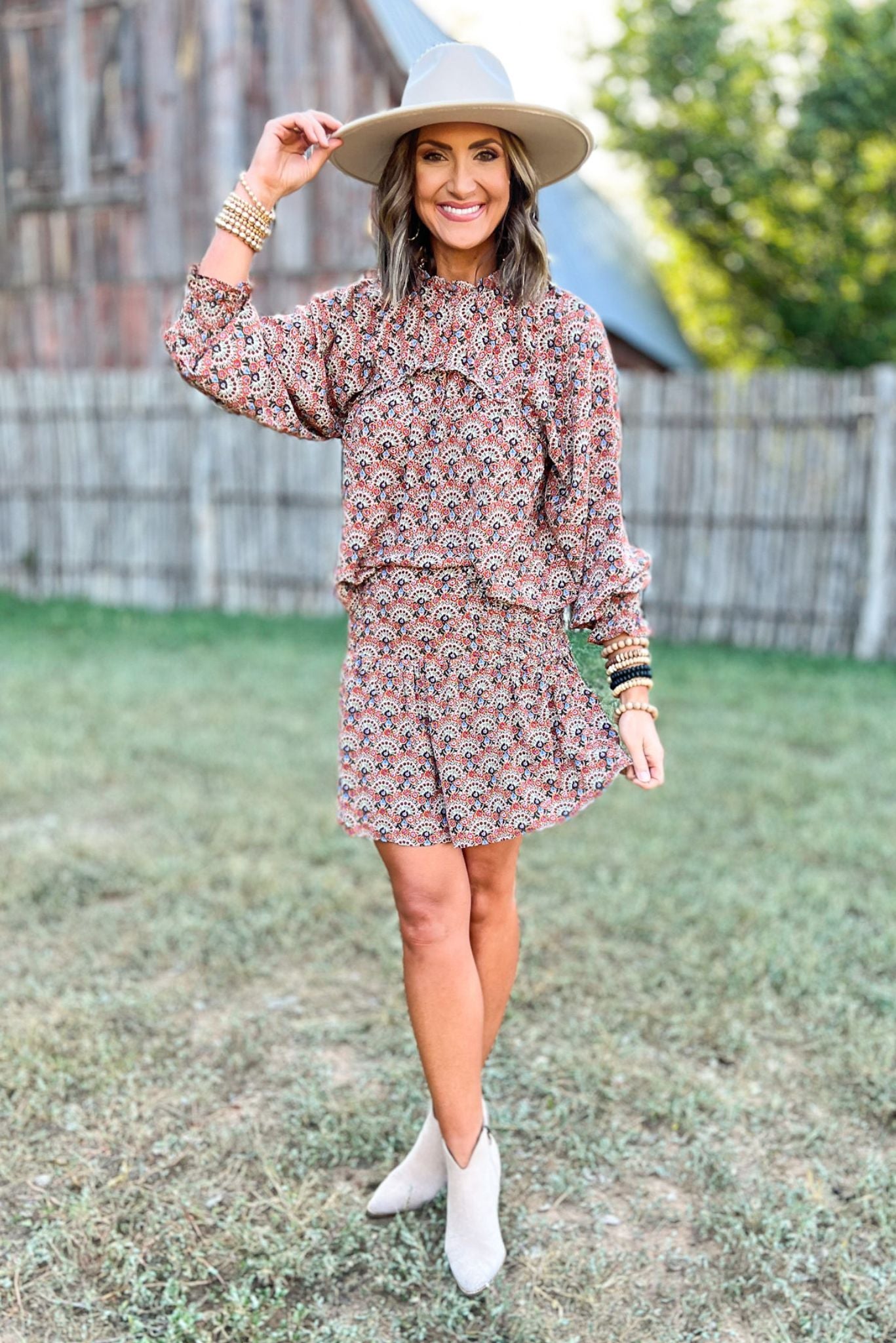 Rust Floral Smocked Waist Skort, fall fashion, must have, two piece set, pattern detail, shop style your senses by mallory fitzsimmons