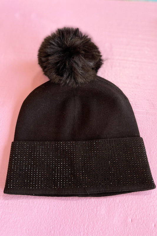 Black Ribbed Rhinestone Trim Pom Pom Beanie