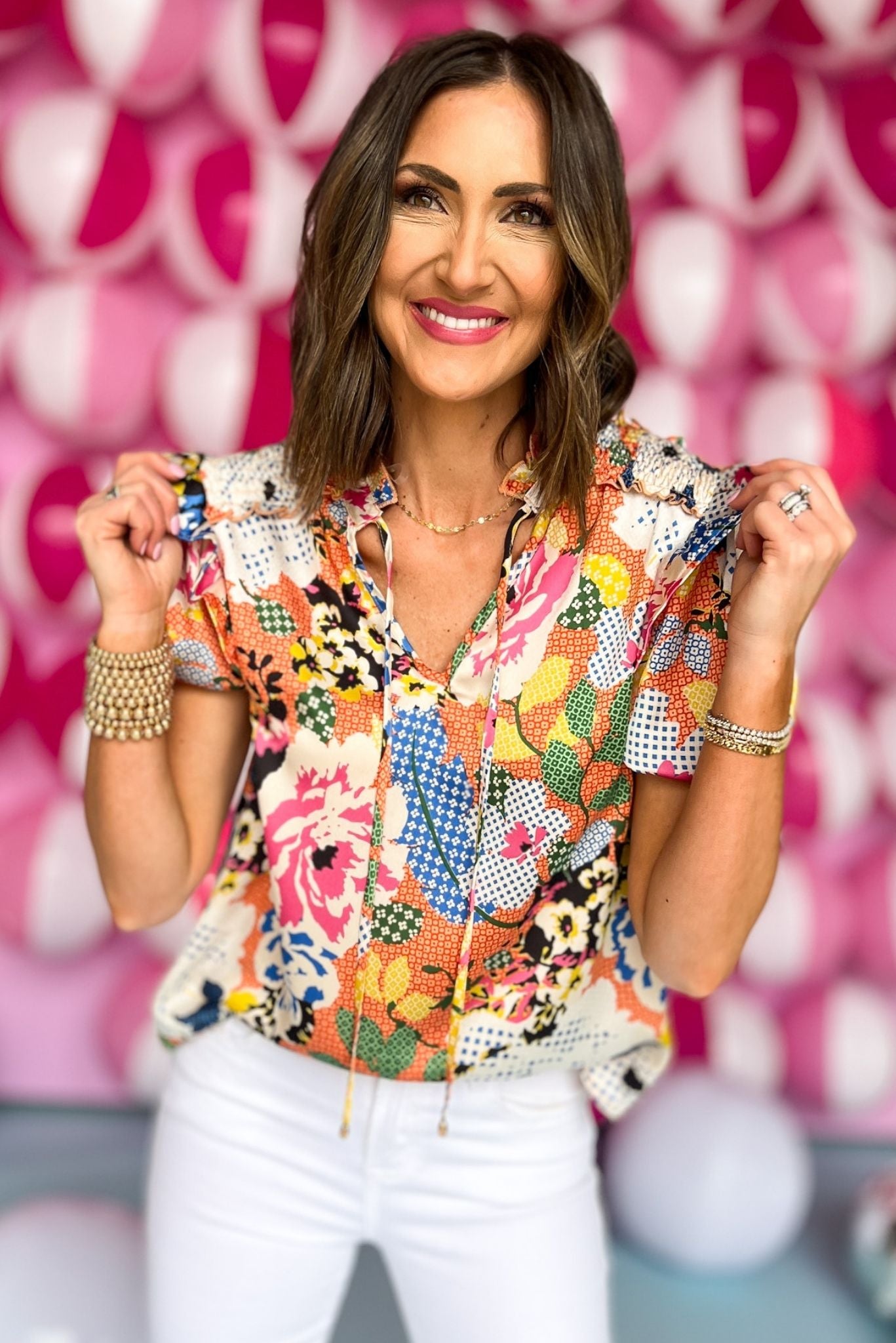 Orange Multi Floral Puff Sleeve V Neck Top