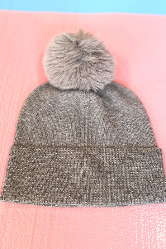 Grey Ribbed Rhinestone Trim Pom Pom Beanie