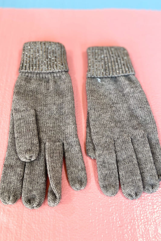 Grey Ribbed Rhinestone Trim Gloves *FINAL SALE*