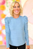 Light Blue Pleated Puff Long Sleeve Knit Top