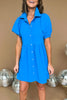 Blue Pearl Snap Collared Puff Sleeve Button Down Dress. Blue color. Pearl snap buttons. Mom style. Office look. Shop Style Your Senses by Mallory Fitzsimmons.