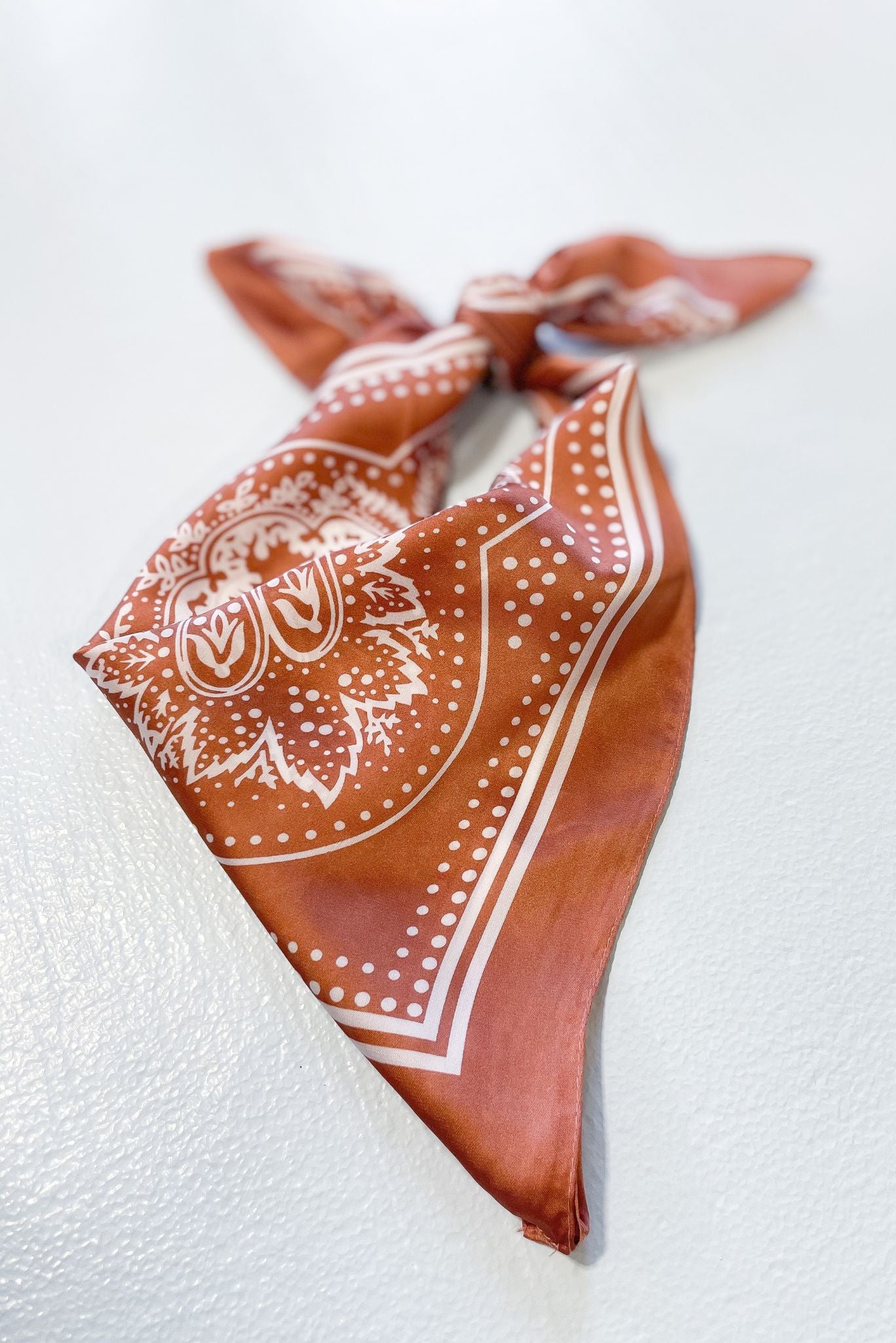 Rust Satin Bandana Print Scarf, summer essentials, easy accessory, mom style, shop style your senses by mallory fitzsimmons