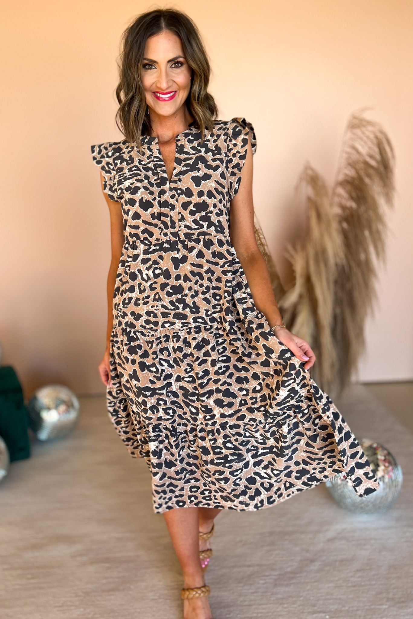 Taupe Animal Print Ruffle Cap Sleeve Tiered Midi Dress, ruffle sleeve, midi dress, spring fashion, must have, mom style, shop style your senses by mallory fitzsimmons