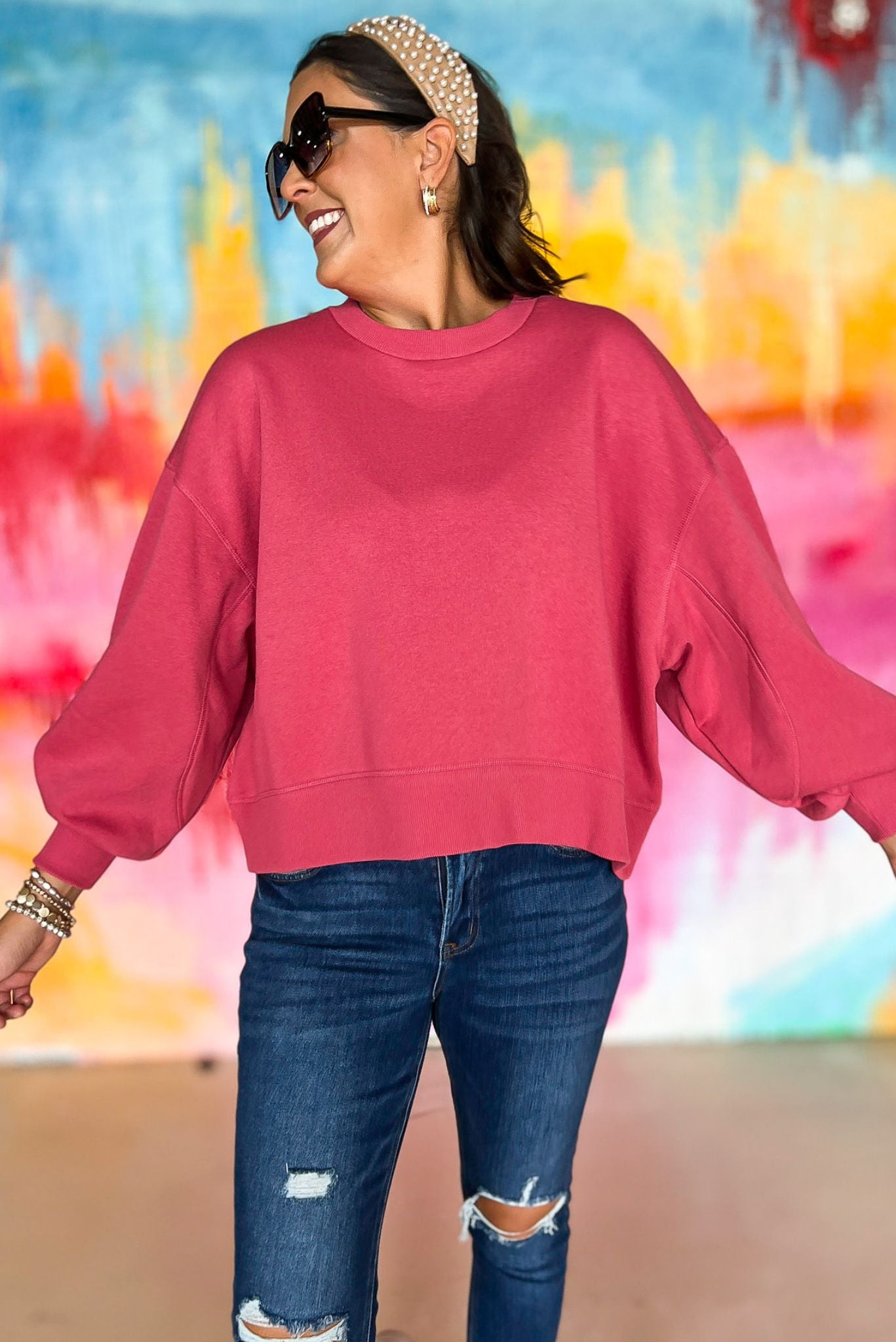  Pink Balloon Sleeve Sweatshirt, pink soft material, everyday wear, everyday sweatshirt, mom style, lounge to lunch, shop style your senses by mallory fitzsimmons