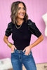black Faux Leather Contrast Puff Short Sleeve Top, holiday tee, glam, must have, mom style, chic, shop style your senses by mallory fitzsimmons