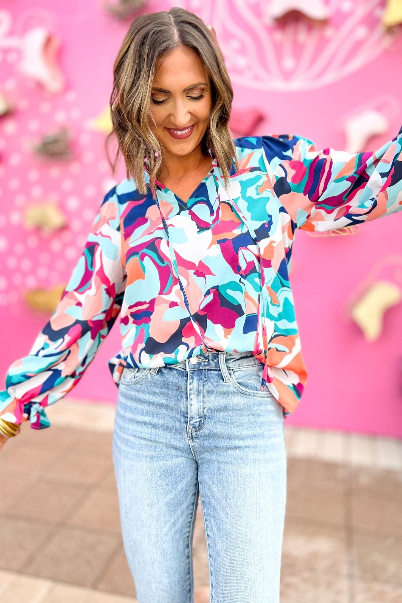 Navy Multi Printed Frill V Neck Bubble Long Sleeve Top, december fashion, everyday wear, mom style, must have, look for less, shop style your senses by mallory fitzsimmons