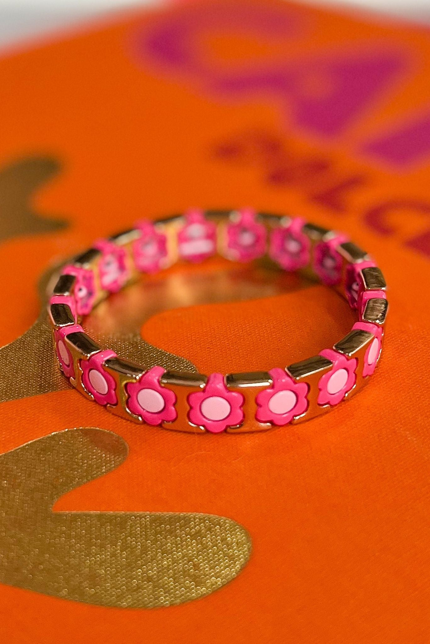 gold hot pink Flower Tile Bracelet, fall fashion, fall stack, must have, elevated look, elevated stack, mom style, shop style your senses by mallory fitzsimmons