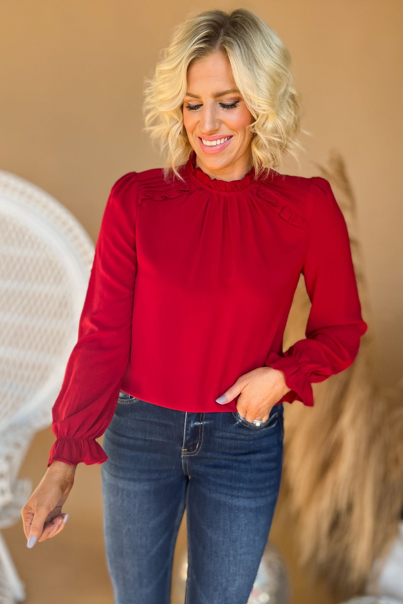 Wine Mock Neck Long Sleeve Pleat Detail Top, fall fashion, must have, pleat detail, work to weekend, mom style, shop style your senses by mallory fitzsimmons