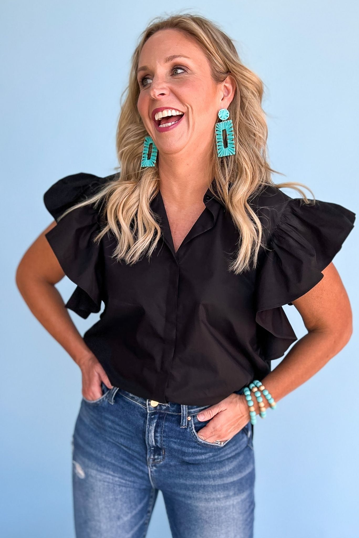 Black Ruffle Sleeve Button Down Poplin Blouse SSYS The Label, work to weekend, elevated basic, designed by SSYS, date night top, mom style, easy to wear, shop style your senses by mallory fitzsimmons
