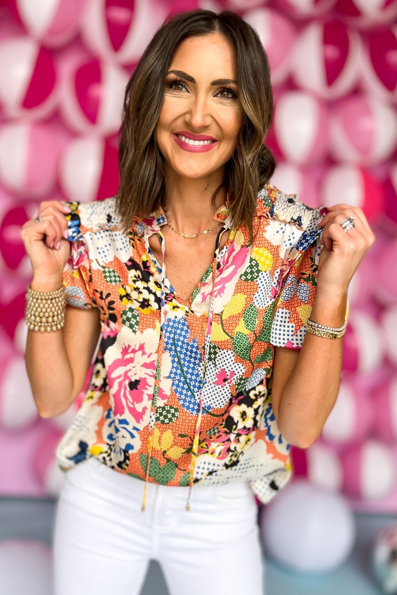 Orange Multi Floral Puff Sleeve V Neck Top