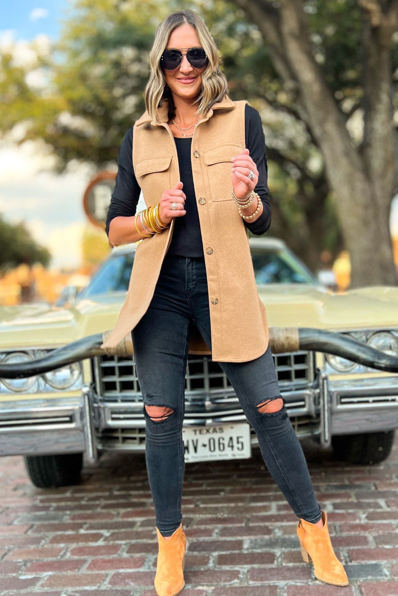 Camel Solid Longline Vest, long fall vest, layered look, fall must have, transition piece, shop style your senses by mallory fitzsimmons