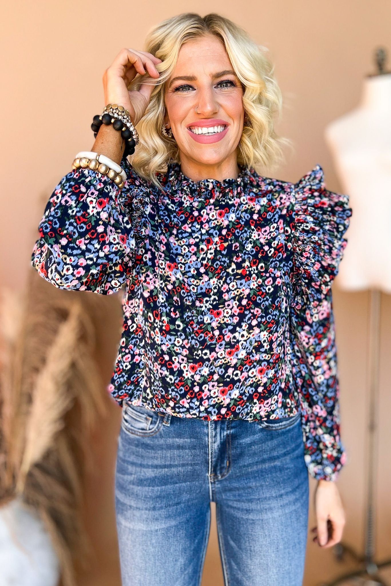 Navy Floral Ruffle Shoulder Frill Neck Long Sleeve Top, fall fashion, fall must have, mom style, ruffle sleeve detail, shop style your senses by mallory fitzsimmons