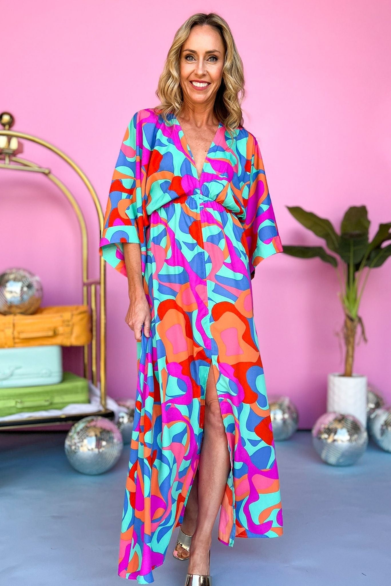 mint Abstract Printed V Neck Kimono Sleeve Maxi Dress, v neck, split front, spring look, resort wear, must have, shop style your senses by mallory fitzsimmons