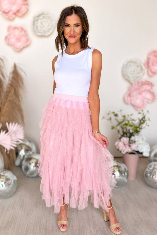 Baby Pink Tulle Waterfall Skirt, layered skirt, elastic waist, tulle, spring fashion, must have, elevated look, shop style your senses by mallory fitzsimmons