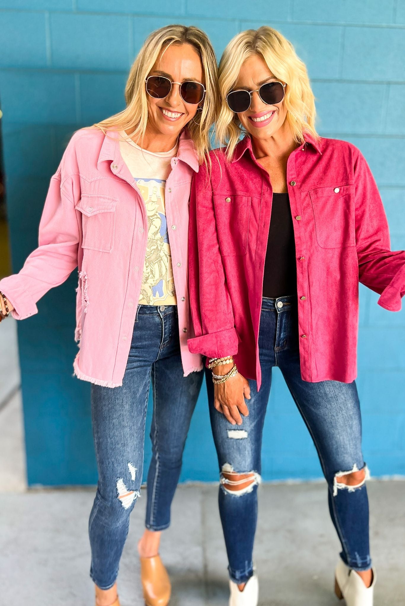 Hot Pink Suede Front Pocket Shacket, vibrant fall look, layered look, must have, mom style, shop style your senses by mallory fitzsimmons